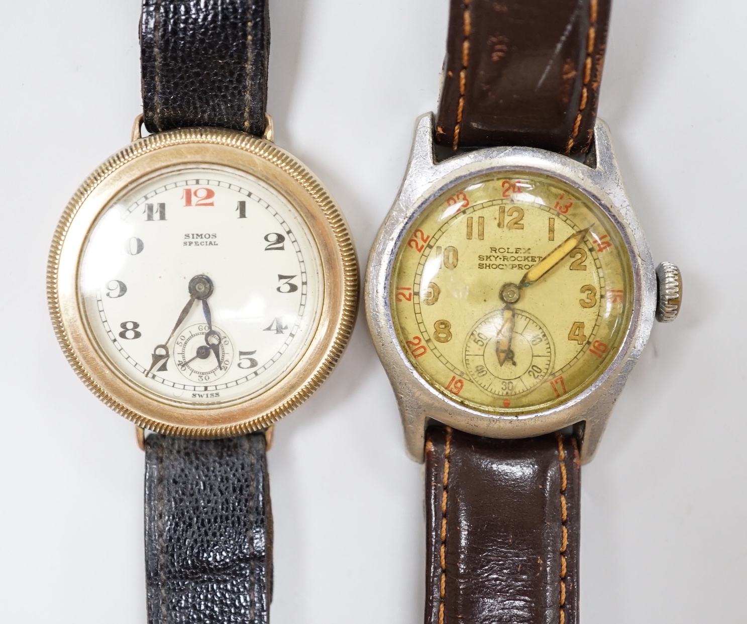 A gentleman's 1940's steel Rolex Sky Rocket Shock Proof manual wind wrist watch, case diameter 30mm and 9ct Simos Special manual wind wrist watch.